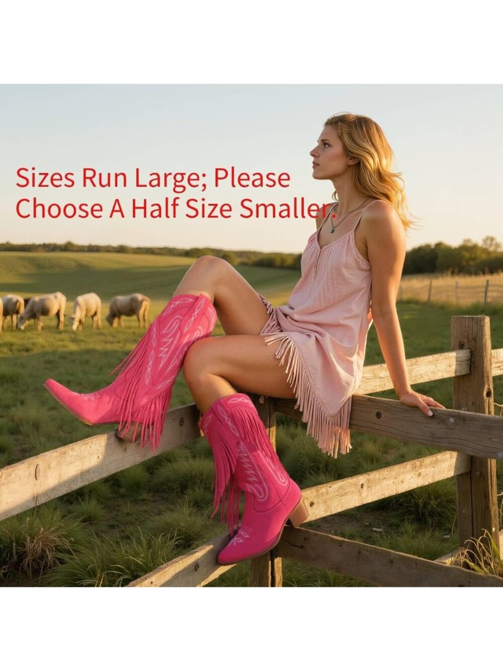 Women 02-Pink Leather Pull On Block Chunky Suede Fringe Cowboy Pointed Toe Boot - Picture 5 of 6